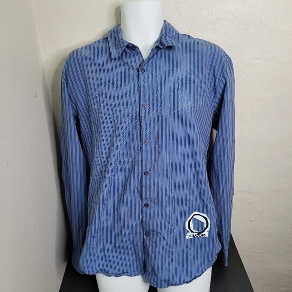 Volcom Mens Button Up Shirt Size Large Blue Striped Cotton Long Sleeve Vintage - Picture 10 of 10